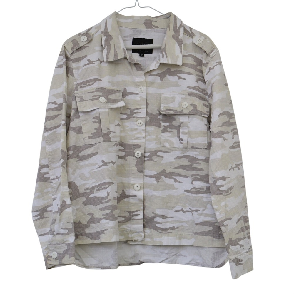 Sanctuary Women Camo Utility Shirt Beige Tan Cotton Ripstop Button Down Large